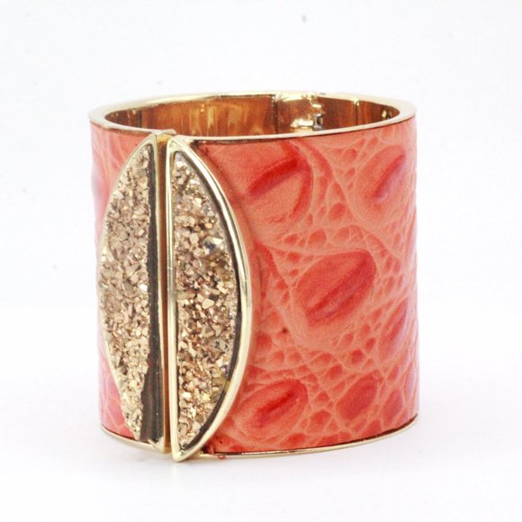 Fabrizio Giannone Designer Signed Orange Color Leather Gold Stone Clamp Bracelet - Picture 8 of 12